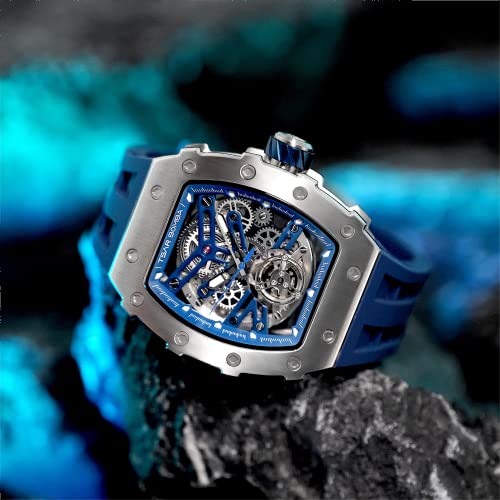 TSAR BOMBA Automatic Tonneau Carbon Fiber Bezel Luxury Mens Watches 50M Waterproof Skeleton Mechanical Stylish Watch for Men Simple Men’s Silver Wrist Watch Cool Unique Watch with Silicone Strap