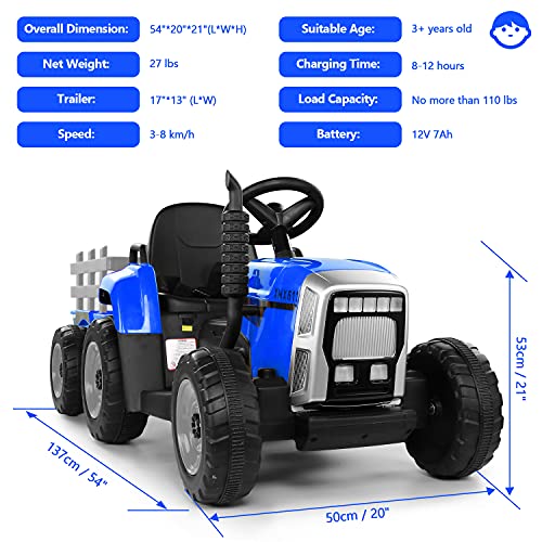 Ride on Tractor 12V 7Ah, Kids Electric Tractor with Remote Control, 2+1