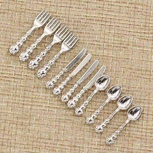BetterUS 1/12 Scale Mini Fork Spoon Knife Set Metal Tableware Dollhouse Kitchen Furniture Supply 12Pcs