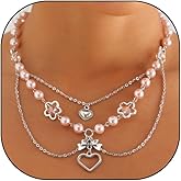 Vintage Layered Pearl Bowknot Collarbone Necklace for Women,Trendy Hollowed Flower Heart Pendant Necklace,Personalized Jewelry Accessories Gift