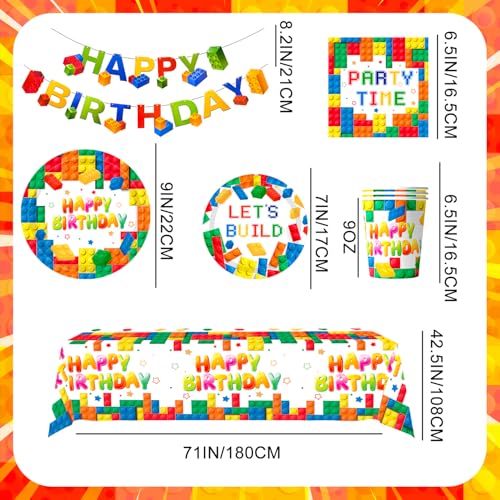 Building Blocks Party Tableware, 16 Guests Building Blocks for Parties Set Building Block Birthday Banner Plates Cups Napkins Tablecloths etc Tableware for Birthday Parties