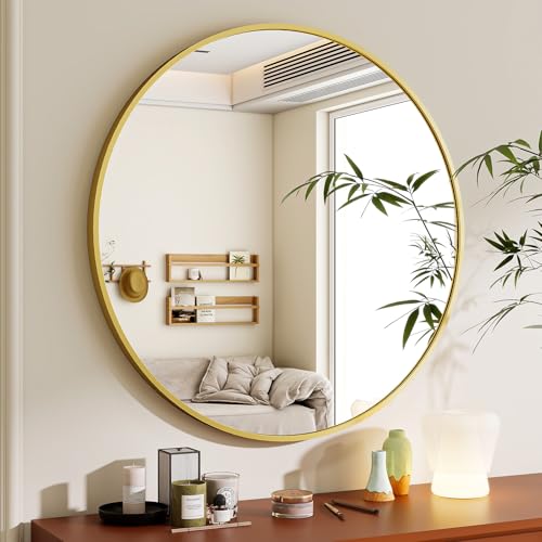 Beautypeak 76 Cm Runder Spiegel In Gold, Rund Dekorativer Wandspiegel Mit Aluminiumrahmen, Bruchsicherer Badezimmer Spiegel Zum Aufhängen Und Anlehnen, Wandspiegel Für Schlafzimmer, Bad, Wohnzimmer