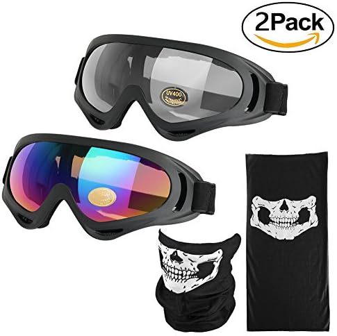 iGoods 2 Pack Motorcycle Goggles Ski Goggles W/ Mask-UV400 Anti Fog Wind Protective Motocross SnowmobIle Dirt Bike Cycling Snowcross Skiing Skate Goggles for Youth Men Women Kids (Multicolor/Clear)
