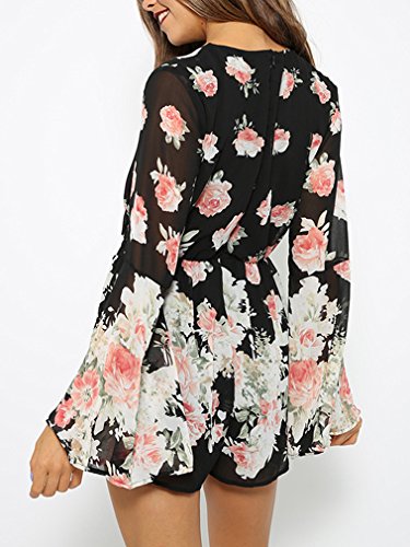 Persun Women Limited Black Floral Print Romper Playsuit With Long Flare Sleeves,Medium,Black,Black,Medium - Thumbnail 3