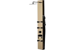 Bathfinesse Gold Shower Panel Shower Tower System Adjustable Shower Head Round,Stainless Steel with 6 Body Jets Massage, 3 in 1 Bathroom Shower Wall Mount, Brushed Gold and Black
