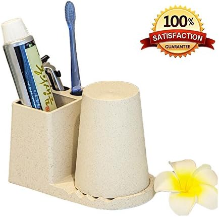 Toothbrush Holder Set Health Natural Wheat Straw with 1 Cup and Toothbrush Toothpaste Holder for Bathroom Storage Organizer by Land Rich (Small, Cream)