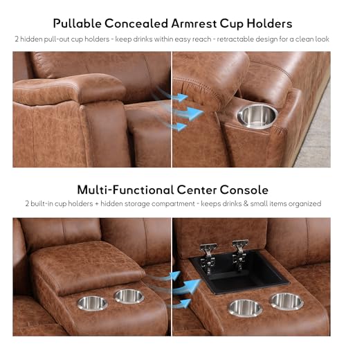 CANMOV Leather Recliner Loveseat, Manual Reclining Sofa with Hidden Cup Holders & Storage Console, Padded Headrest & Lumbar Support Recliner Couch for Living Room, Home Theater, Brown (Loveseat)