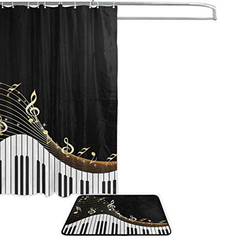 Naanle Modern Art Music Note with Piano Keyboard Waterproof Polyester Fabric Shower Curtain (60" x 72") Set with 12 Hooks and Bath Mats Rugs (23.6" x 15.7") for Bathroom - Set of 2