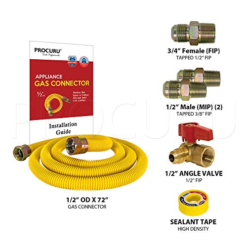 PROCURU 72" x 1/2" OD Gas Flex Line Connector Kit with 1/2" Angle Valve, WeatherProof Flexible Stainless Steel Tubing with SafeGuard Coating for Dryer, Water Heater