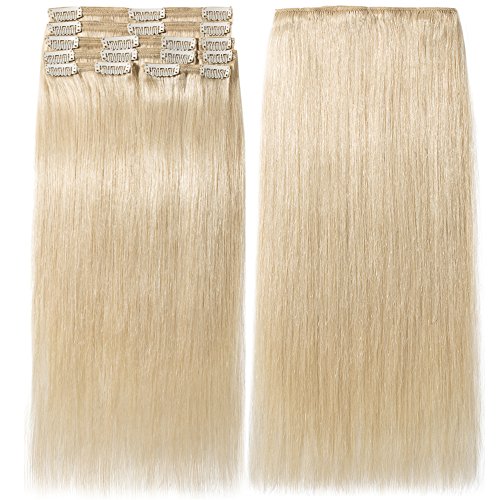 s-noilite Clip in Human Hair Extensions 100% Real Remy Thick True Double Weft Full Head 8 Pieces 18 clips Straight silky (20 inch - 150g,Platinum Blonde (#60))