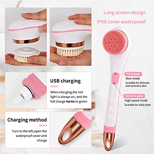 NAGRAN Rechargeable Body Brush Rotating Long Handle Body Scrubber for Back Scrubber and Body Exfoliator Deep Cleansing Waterproof and non-slip with 4 Brush Heads (Pink)