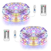 Sinamer Fairy Lights Waterproof USB Powered Copper String Lights 2 Pack 100 LED 33 Ft Dimmable 8 Modes with Remote & Timer Outdoor Indoor Decoration for Christmas Party Garden Patio (Colorful)