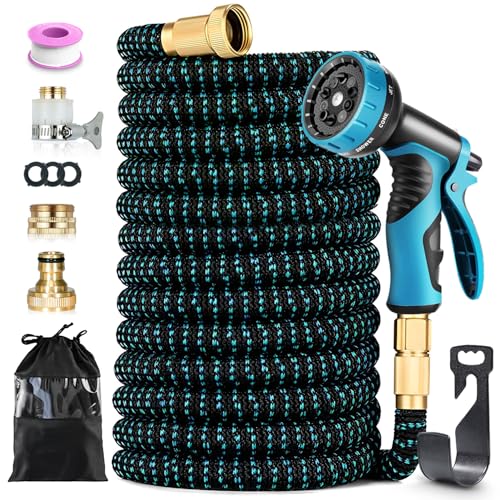 45 m Universal Extendable Hose with Gun 10 Functions and Brass Fittings, Reinforced Hose 4 Layers, for Gardening, Cleaning and Car