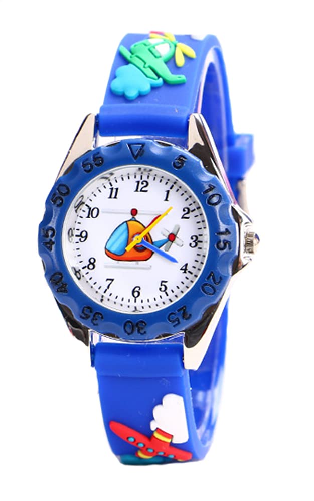 Mixe Time Teacher Boys Girls Children Kids Analog Wrist Watch Cartoon 3D Band Environment Friendly Silicone (Deep Blue Plane)