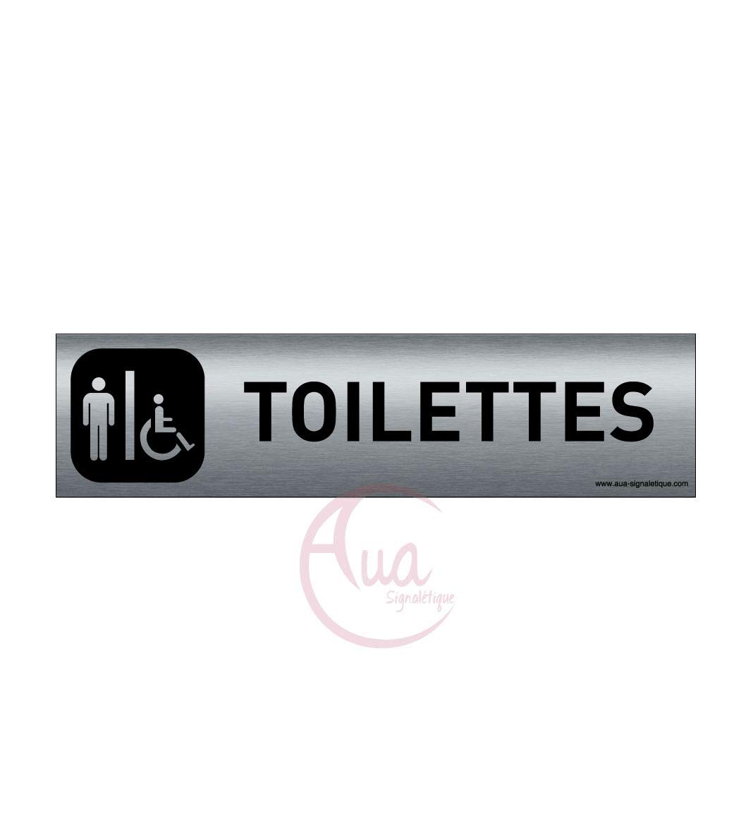 AUA SIGNALETIQUE - Plaque Aluminium brossé imprimé AluSign DARK - 200x50 mm - Double Face adhésif au dos (Toilettes H/handicap)