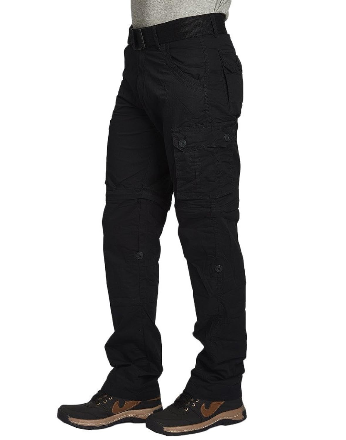 beevee mens 100% cotton solid black fixed waist cargo with belt