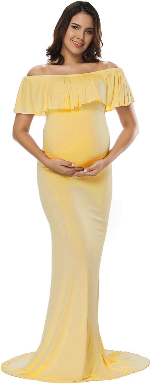 JustVH Women's Off Shoulder Ruffles Elegant Fitted Maternity Gown Slim Fit Maxi Photography Dress for Photo Shoot Dress