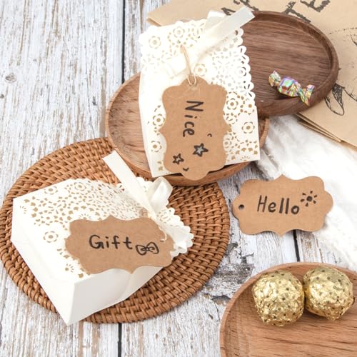 SallyFashion 100PCS Kraft Paper Gift Tags, Blank Gift Bag Tags with String Brown Hanging Price Tags for Wedding DIY Crafts Gifts