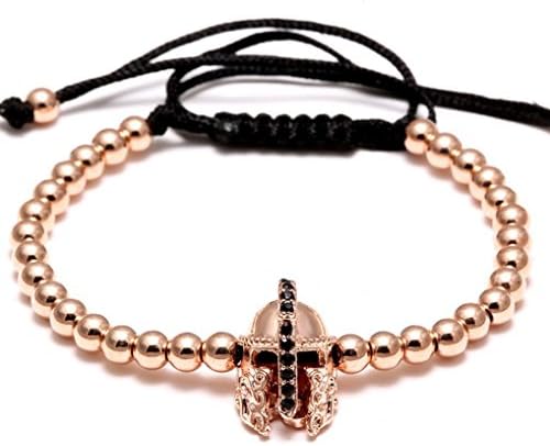 Mens Charm Bracelet Spartan Helmet Macrame Rose Gold Plated Adjustable