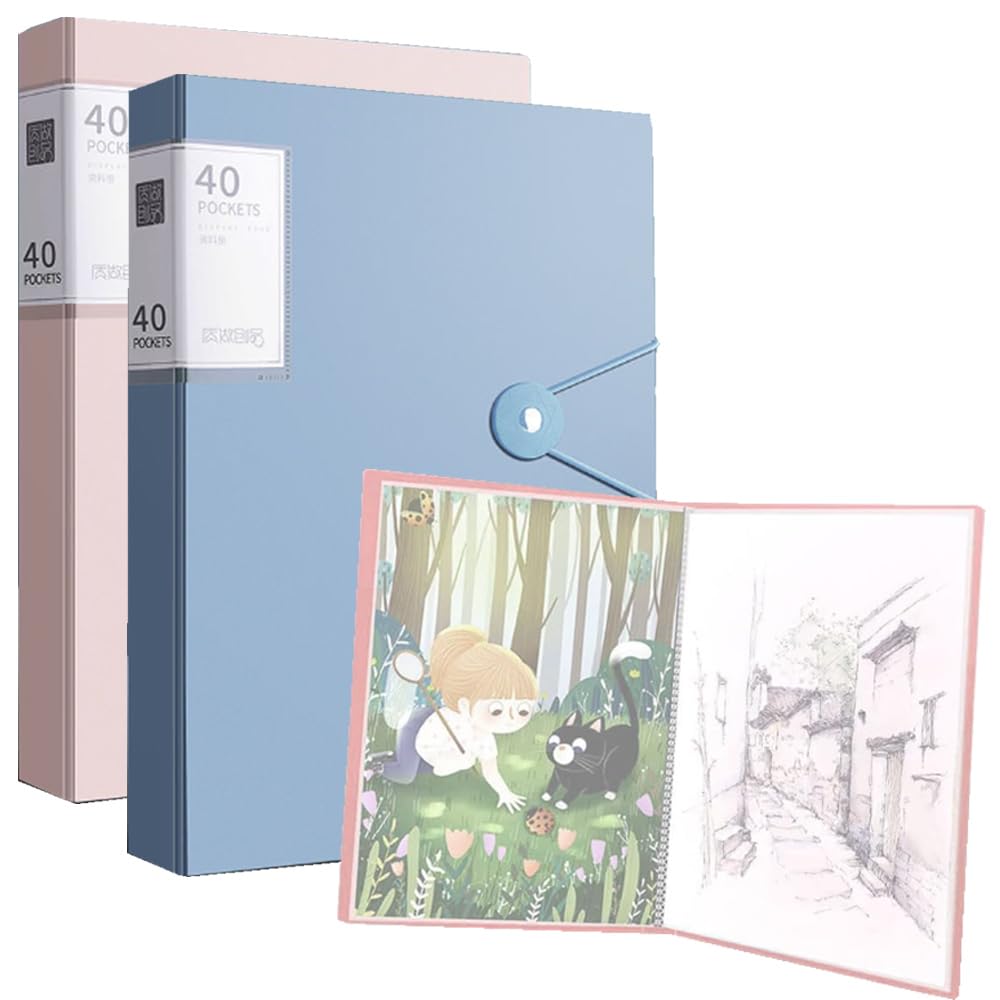 2 Pcs A4 Display Folders A4 Display Books with Plastic Sleeves Presentaion Display Books with 40 Pockets Painting Picture Folders with 40 Sheets Portfolio Project Folders Certification Album Organiser — image 1