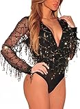 Dokotoo Womens Flowing Sequins V Neck Long Sleeves Bodysuit