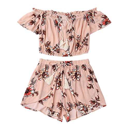 Nadition Women's 2 Pcs Floral Print Bohemian Crop Tops+Shorts Set Two Piece Outfit Suit Casual Beachwear (XL, Pink)