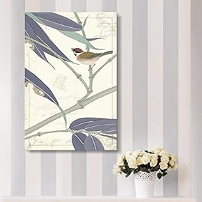 Canvas Wall Art - Vintage Style Bird Standing on Bamboo Branch Floral Background - Giclee Print Gallery Wrap Modern Home Art Ready to Hang - 12x18 inches