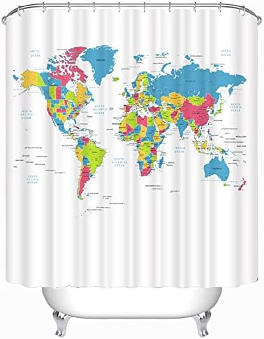 World Map Shower Curtain,180cm x 180 cm Bath Curtain Waterproof Polyester Bathroom Shower Curtain