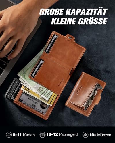 VMAN Men's Slim Wallet with Coin Compartment, RFID Protection, Premium Leather Wallet for 8-11 Cards, Small Card Holder for Everyday & Travel - Brown