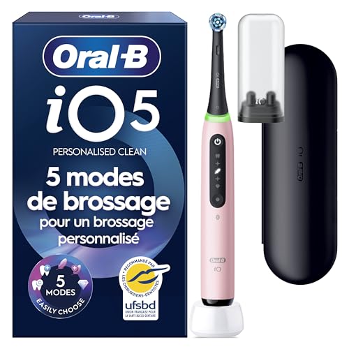 Oral-B Brosse à Dents Electrique iO 5 avec 1 Brossette de Rechange, Rose – 5 Modes de Brossage dont Douceur et Blancheur, Capteur de Pression sur les Gencives et d’Usure, Batterie Rechargeable, Etui