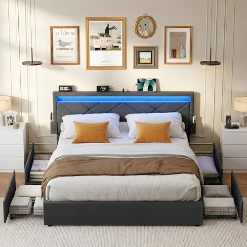 Lit Double, 160 x 200 cm, avec LED, en Métal, 4 Tiroirs, Multiprise, Tête de Lit Rembourrée Ajustable, Pas Besoin de Sommier, Gris Ardoise et Noir Mat RMB828G02