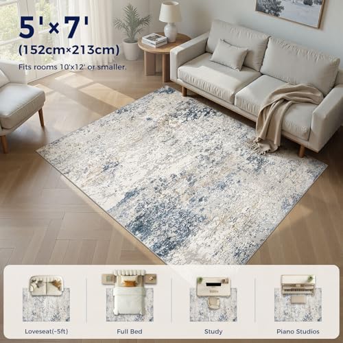 DMOYEST Area Rug Living Room Rugs - 5x7 Abstract Large Soft Indoor Washable Rug Neutral Modern Low Pile Carpet for Bedroom Dining Room Farmhouse Home Office - Beige Blue