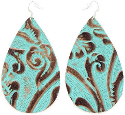 The Drop, Tooled Turquoise, Leather Earring with Sterling Silver Hooks from OneWild, size Large. Handmade in Denver, CO USA. $1 donation goes to women and girls programs, Project1Wild.