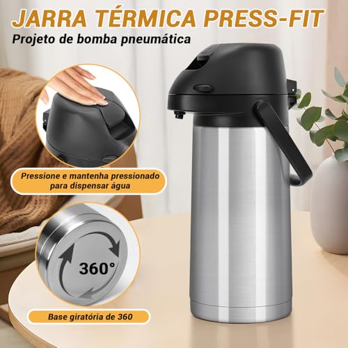 Garrafa Térmica Inox com Ampola Aço, Garrafa Térmica Inox Café, Garrafa Termica Grande, 1900Ml, AçO InoxidáVel 304, Base Rotativa de 360 ° Para SaíDa de áGua Mais FlexíVel