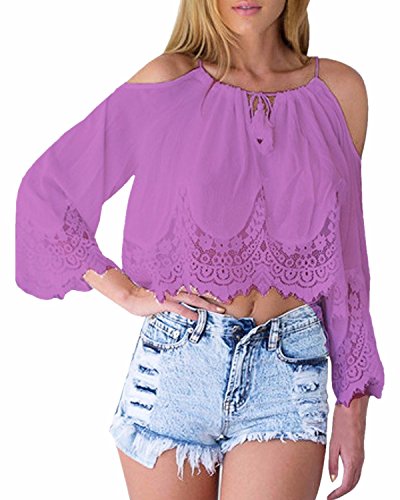 Zanzea Womens Long Sleeve Lace Crochet Crop Tops Off Shoulder Tank Top Blouse Purple US 12