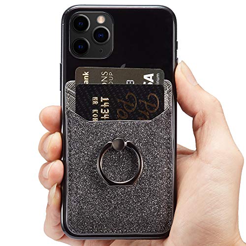 ACRSIKR Card Holder for Back of Phone, RFID Blocking Glitter Cell Phone Credit Wallet with Ring Pocket Stick on iPhone