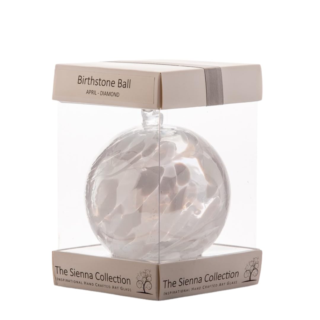 Sienna Glass April Birthstone Friendship Ball – 10cm Handcrafted Diamond-Coloured Glass Ornament with Ribbon – Unique Gift for Birthdays or Special Occasions