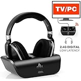 Wireless TV Headphones Over Ear Headsets - Digital Stereo Headsets with 2.4GHz RF Transmitter, Charging Dock, 100ft Wireless Range and Rechargeable 20 Hour Battery, Black