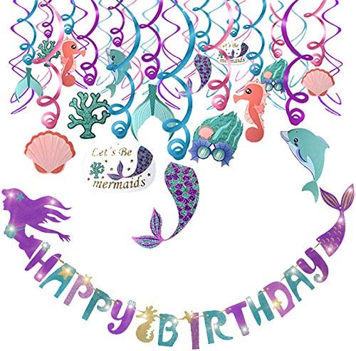 Mermaid Party Decoration Favor Supplies Set,Mermaid Hanging Swirls And Adorable Mermaid Shape Birthday Banner, Ideal For Birthday Party ,Baby Shower,Mermaid Theme Party ,Under The Sea Party