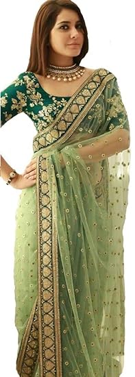 Womens New Net Saree with Blouse (YF_180, Green)