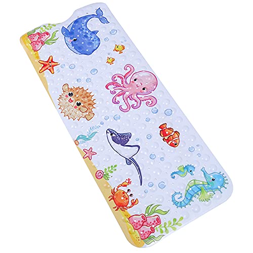 Bathsafe Funny Cartoon Children's Bath Mat Extra Long Non-Slip Suction Cups Shower Mat Durable Bathtub Mat for Kids Toddler Machine Washable,100X40CM,Sea Fish