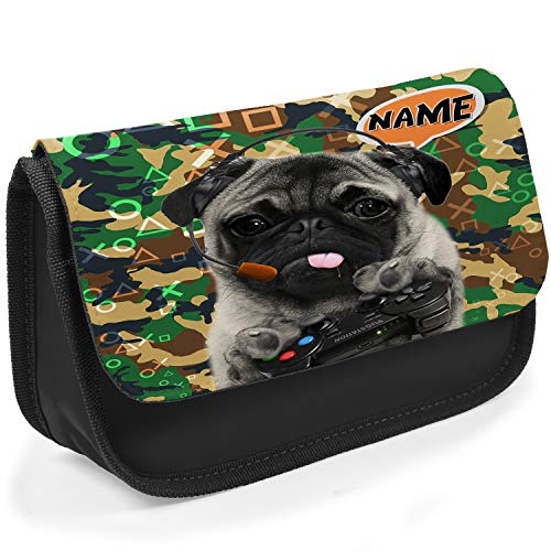 Personalised-School-Pencil-Case-Pug-Gamer-CAMO-Stationary-Bag-Boys-Girls-Black