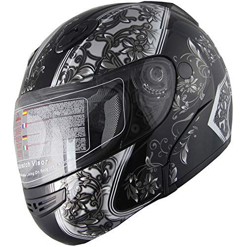 X4 Motorcycle Helmet Adult DOT Modular Flip up Full Face Sports Bike Snowmobile Helmet with Anti Fog Shield (138 Black, S)