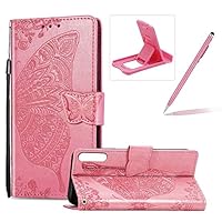 Strap Leather Case for Huawei P20 Pro,Wallet Cover for Huawei P20 Pro,Herzzer Classic 3D Pink Butterfly Flower Print Relief Magnetic Stand Case with Soft TPU