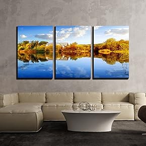 3 Piece Canvas Wall Art - House in Autumn Forest Near Calm River - Modern Home Art Stretched and Framed Ready to Hang - 16"x24"x3 Panels