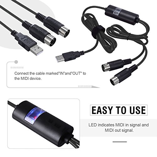 USB IN-OUT MIDI Cable Converter, VSEER Professional Piano Keyboard to PC/Laptop/ Mac MIDI Adapter Cord for Home Music Studio - 6.5Ft