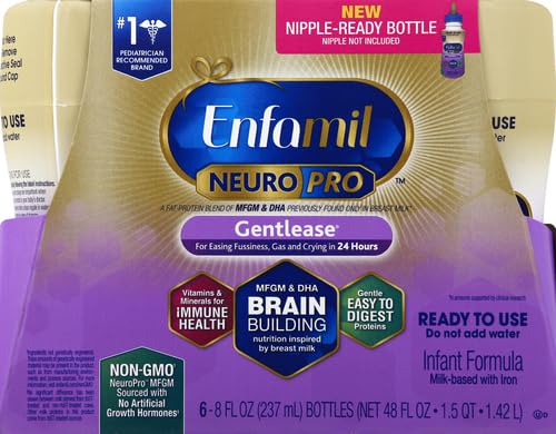 ENFAMIL GENTLEASE READY TO FEED BABY FORMULA, EASES GAS, FUSSINESS, CRYING & SPIT-UP IN 24 HOURS, READY TO USE 8 FL OZ, PACK OF 6, TOTAL 48 FL OZ