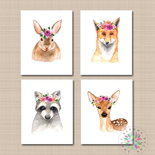 Girl Woodland Nursery Wall Art Animals Baby Room Décor Forest Animals Bunny Rabbit Raccoon Fox Deer Decor Wall Art-UNFRAMED PRINTS (NOT CANVAS)C620