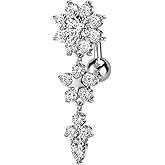 Pierced Owl 14GA 316L Stainless Steel CZ Crystal Double Flower Top Drop Reverse Belly Button Ring