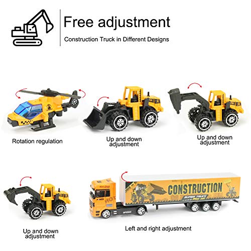 Joyfia 11 in 1 Die-cast Construction Truck Vehicle Car Toy Set Play Vehicles in Carrier Truck, Alloy Metal Car Model Excavator Dumper Bulldozer Road Roller for Kids Boys Girls
